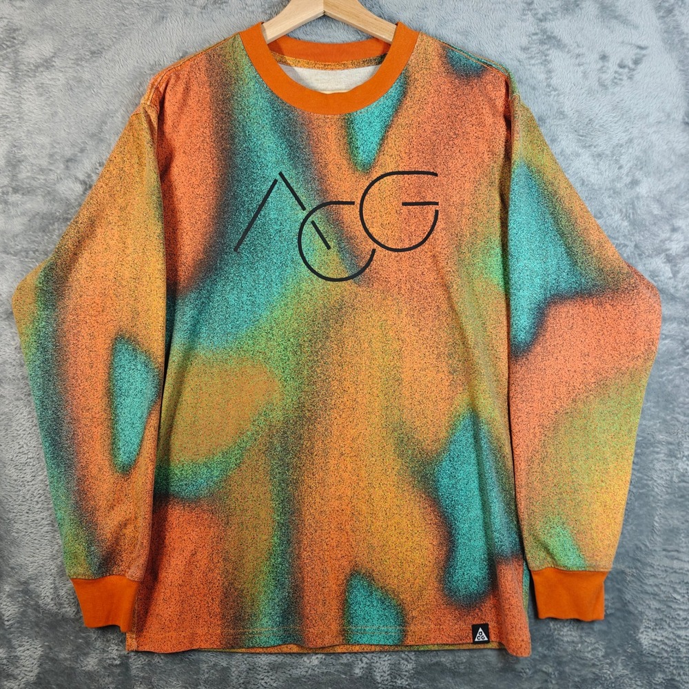 Nike ACG Long Sleeve Shirt Mens Small Orange Multi Heat Map Graphic Tee